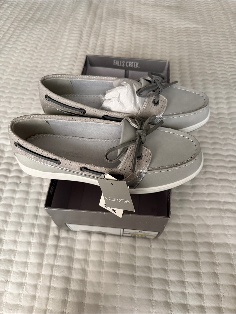 Falls Creek Gray and White Boat Loafers